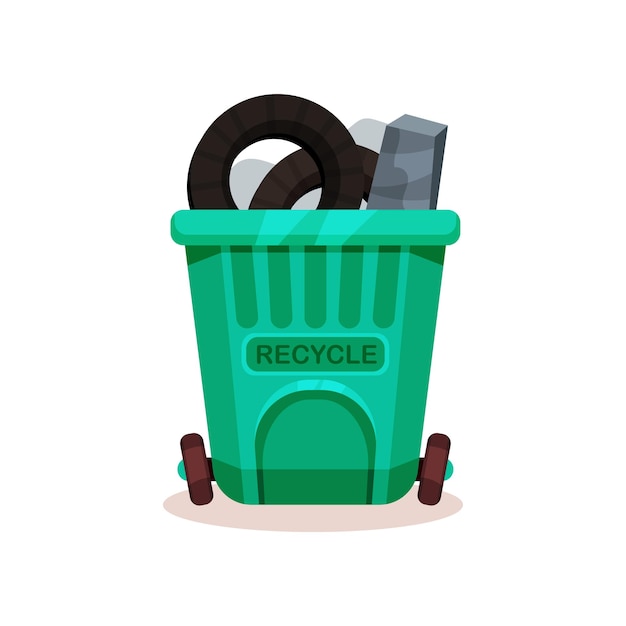 Contenedor de plástico lleno de basura Bote de basura con dos ruedas Icono de vector plano relacionado con el tema de clasificación y reciclaje de residuos