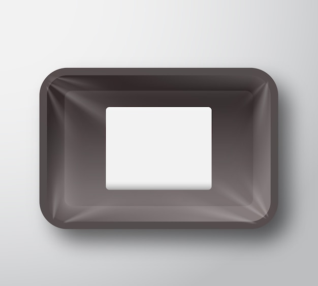 Vector contenedor de plástico negro con bandeja de comida vacía con cubierta de celofán transparente y pegatina rectangular blanca clara