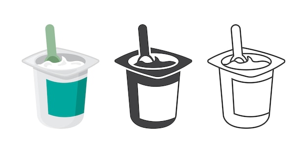 Contenedor de yogur con iconos de cuchara configurados en estilo plano Ilustración vectorial de fondo de productos lácteos en fondo aislado Concepto de negocio de carteles de alimentos saludables