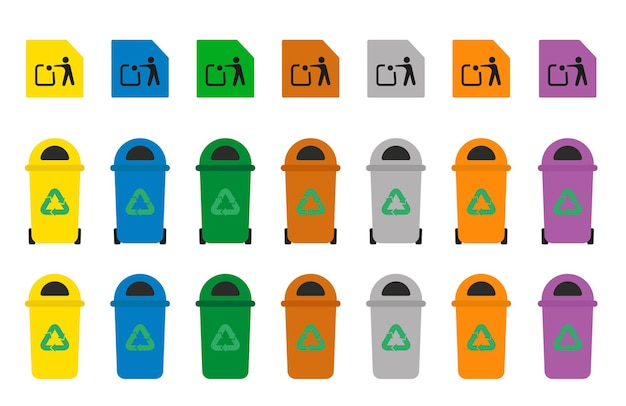 Contenedores de basura y un conjunto de iconos para la eliminación de basuraVector ilustración plana