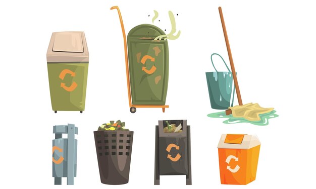 Contenedores de basura con conjuntos de residuos en descomposición Ilustración vectorial del concepto de ecología y reciclaje