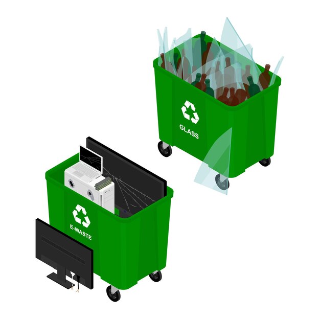 Los contenedores de basura llenos de iconos de vectores de basura ordenados Recuperación de la recolección separada de basura