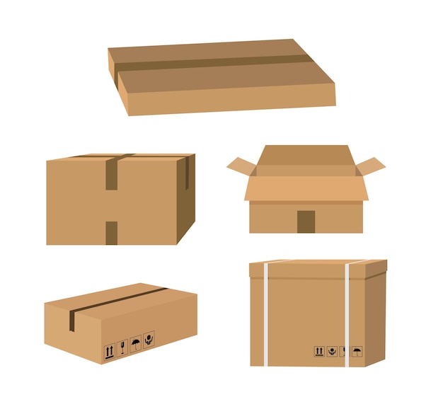 Vector contenedores de cartón de entrega o cajas de correo set box con signos frágiles conjunto de maquetas de cajas de cartón