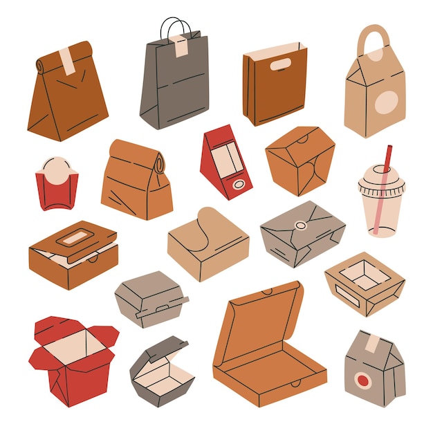 Contenedores de entrega de alimentos de cartón Envases de alimentos para llevar de papel Bolsas y cajas de cartón Envoltorios de comida rápida Conjunto de ilustraciones vectoriales planas