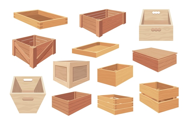 Vector contenedores de madera de cartón cajas abiertas y cerradas con envases cajas de madera con concepto de envasado de almacenamiento de carga conjunto vectorial