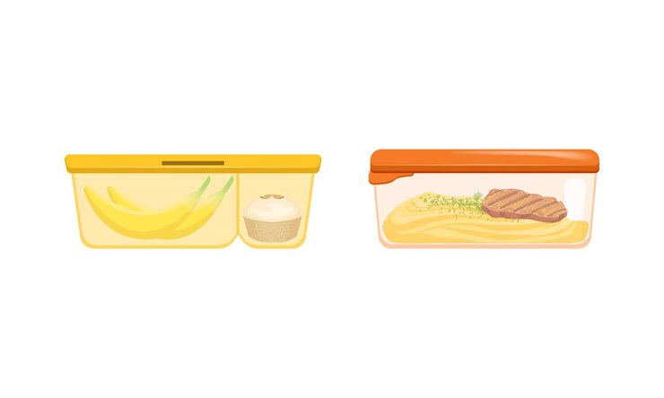 Vector contenedores de plástico con alimentos conjunto de cajas de almuerzo con pastel de plátano puré de patata steak ilustración vectorial