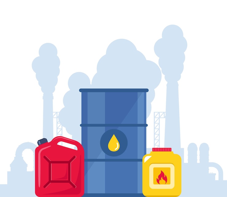 Vector contenedores químicos barril de jerrycan botella de plástico con líquido inflamable fábrica muy contaminante