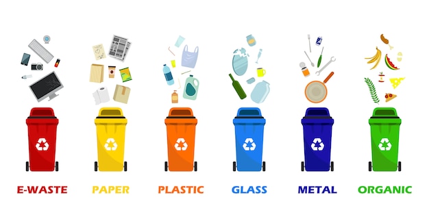Vector contenedores para todo tipo de basura. botes de basura para papel, plástico, vidrio, metal, desperdicios de comida y electrónica. reciclaje de productos de papel y residuos