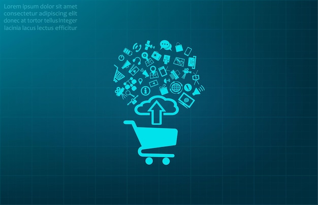 Contenido de compras en línea descarga ilustración vectorial de símbolo en un fondo azul EPS 10.