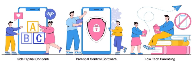 Contenido digital para niños, software de control parental, concepto de crianza de baja tecnología con personas diminutas. Conjunto de ilustraciones vectoriales de acceso a los medios para niños. Tiempo de pantalla, crianza sin dispositivos, metáfora de aplicaciones en línea.