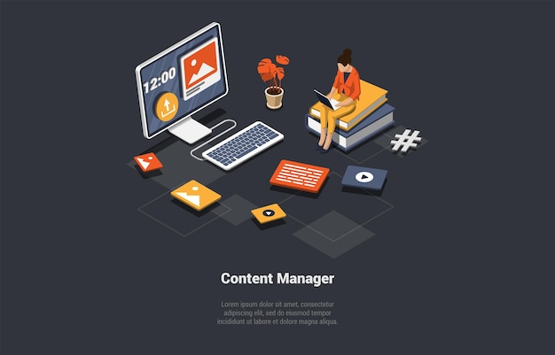 Contenido de diseño de marketing en redes sociales y promoción en línea Gerente de contenido femenino Crear contenido exitoso Hace una combinación armoniosa en la pantalla del teléfono inteligente Ilustración vectorial isométrica 3D