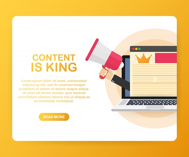 Vector el contenido es el rey, el concepto de marketing en una pantalla de computadora portátil.