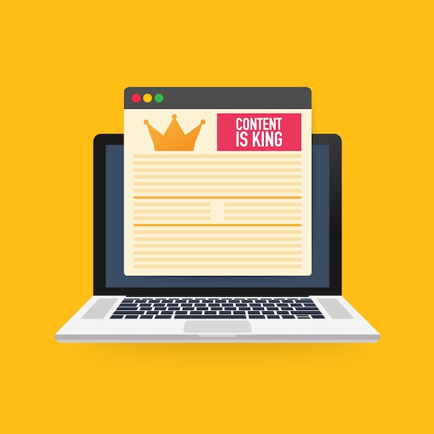 El contenido es el rey, el concepto de marketing en una pantalla de computadora portátil.