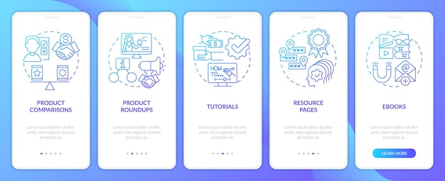 Contenido para la pantalla de la aplicación móvil de incorporación de degradado azul del sitio web afiliado