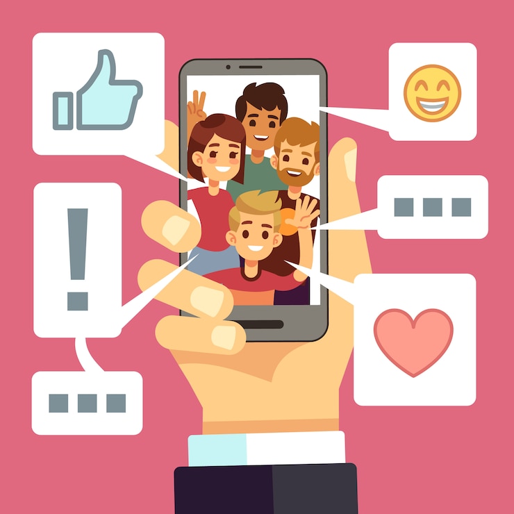 Vector contenido de video compartido en la pantalla del teléfono inteligente. los amigos comentan y les gusta el vlog. concepto de vector de transmisión de video