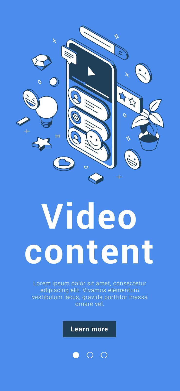 Vector contenido de video e aprendizaje entretenimiento blogs información compartir redes sociales comunicación comentario seguir audiencia banner móvil ilustración vectorial isométrica. mensaje del foro tutorial de internet