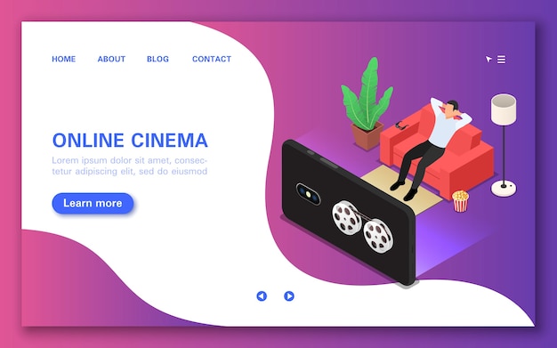 Contenido de vista conceptual en dispositivos móviles. Un hombre está viendo una película en el sofá.