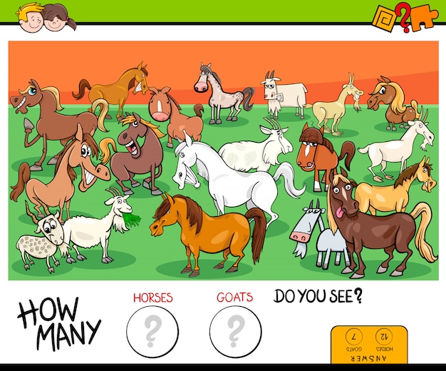 Vector conteo de caballos y cabras juego educativo para niños