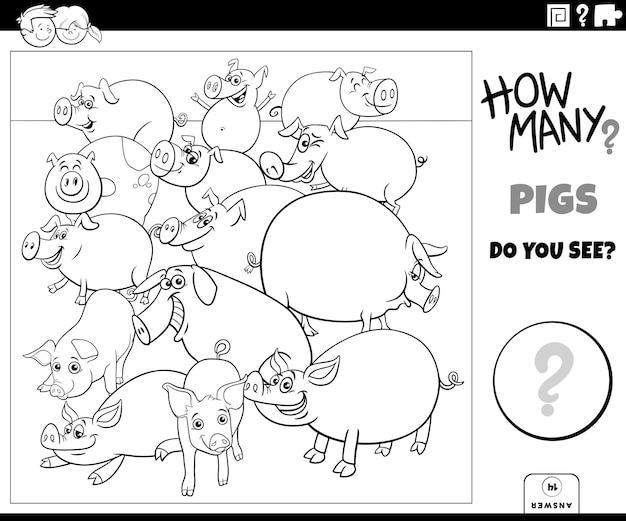 conteo de dibujos animados cerdos personajes de animales de granja rompecabezas educativos página de colorear