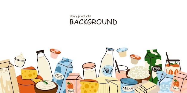 Contexto de los productos lácteos Envases de cartón de leche, kéfir y yogur Botella de vidrio Mantequilla y crema de queso diferentes Alimentos saludables de granja orgánica Ilustración plana aislada de dibujos animados vectoriales