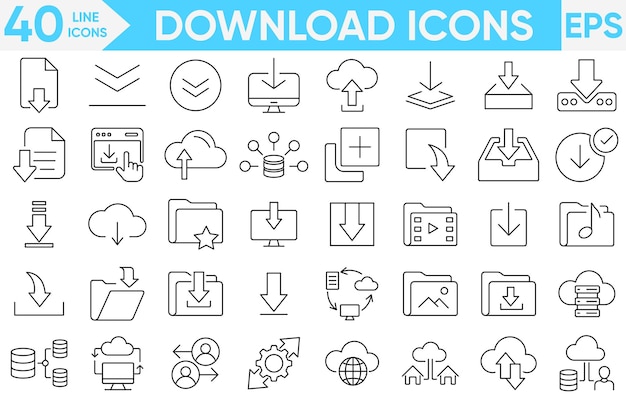 Contiene enlace de documento de carga, datos de carpeta de archivo de descarga e iconos PDF, conjunto de vectores e ilustradores