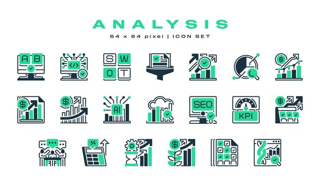 Contiene iconos de contorno como análisis SWOT análisis de pronóstico análisis de mercado y más Editable Stroke 64x64 píxeles perfecto