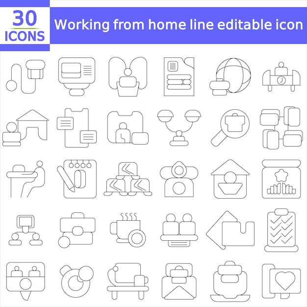 Contiene iconos relacionados con el trabajo remoto, trabajo independiente, trabajo híbrido, trabajo de oficina nómada digital, trabajo en casa y más.