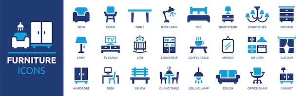 Contiene sofá, silla, mesa, cama, lámpara, armario, espejo, escritorio y más.