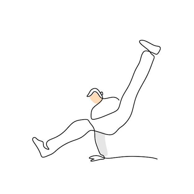 Continua una sola línea de hombre haciendo break dance aislado sobre fondo blanco.