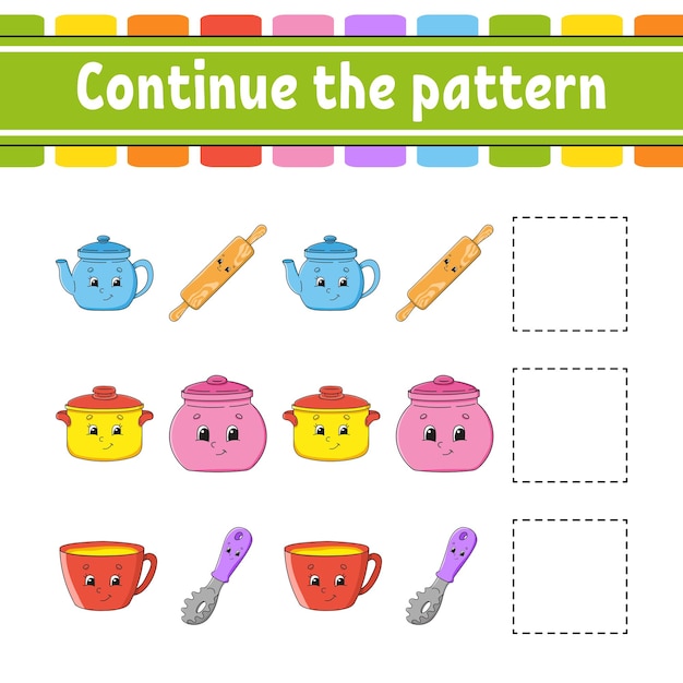 Continúe el patrón Hoja de trabajo de desarrollo educativo Juego para niños Página de actividad Rompecabezas para niños Acertijo para preescolar Estilo de dibujos animados lindo Ilustración vectorial