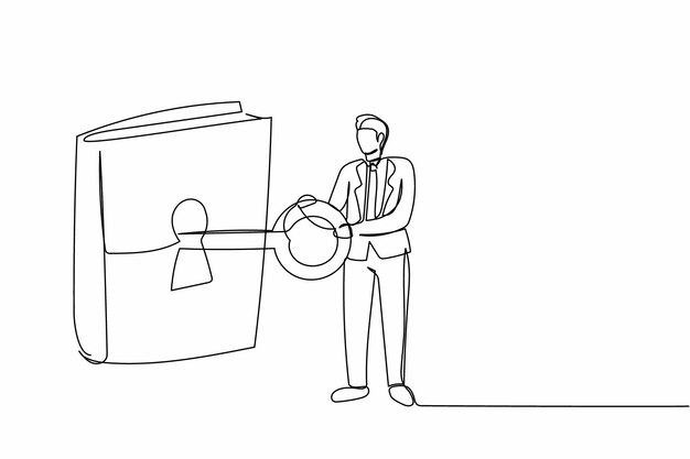 Continuo dibujando una línea hombre de negocios inteligente poniendo una llave grande en el libro gerente de oficina abrir un libro