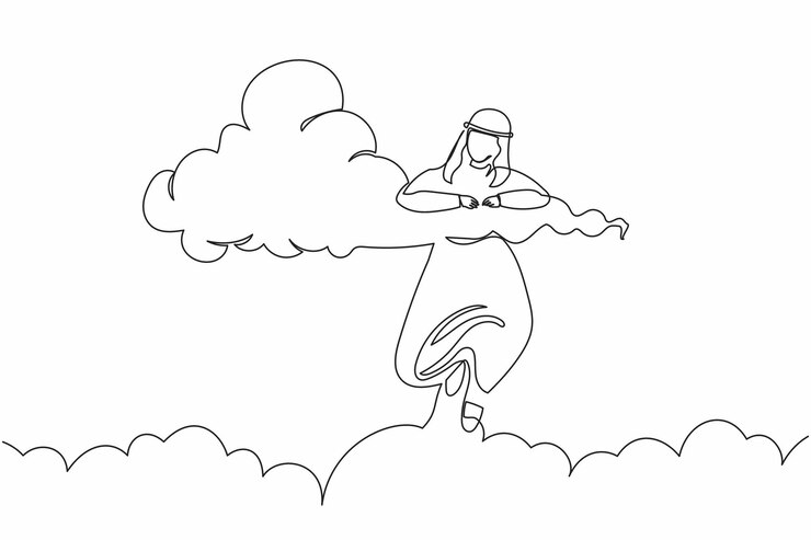 Vector continuo dibujando una línea relajante empresario árabe colgando en las nubes con la esperanza de éxito