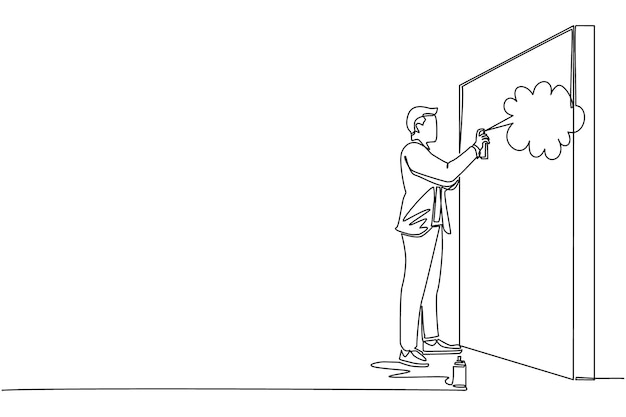 Continuo un dibujo de línea empresario está pintando gráfico de ganancias en la pared negocio y éxito