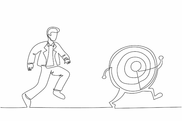 Continuo un dibujo de línea hombre de negocios correr persiguiendo tratar de atrapar el objetivo de dardos trabajador de oficina corriendo