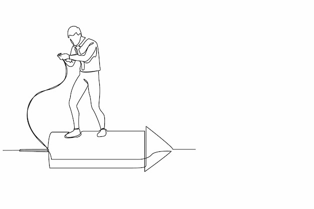 Continuo un dibujo de línea hombre de negocios de pie en un cohete de fuegos artificiales y tratando de establecer el vector