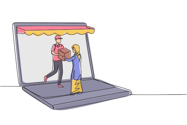 Continuo un dibujo de línea mensajero sale de la computadora portátil y da paquete a hijab vector de arte femenino