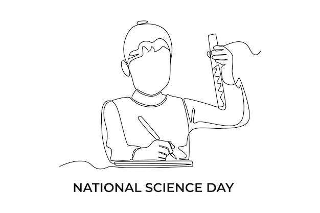 Continuo dibujo de una línea niño estudiante escribiendo resultados de laboratorio Concepto del día de la ciencia Diseño de dibujo de una sola línea ilustración gráfica vectorial