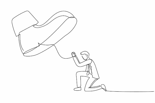Continuo una línea de dibujo hombre de negocios arrodillarse bajo el pie grande gerente masculino bajo la tiranía