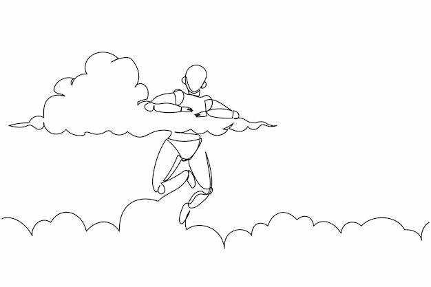 Continuo un robot de dibujo de línea colgar en las nubes con la esperanza de éxito proyecto de negocio ganador
