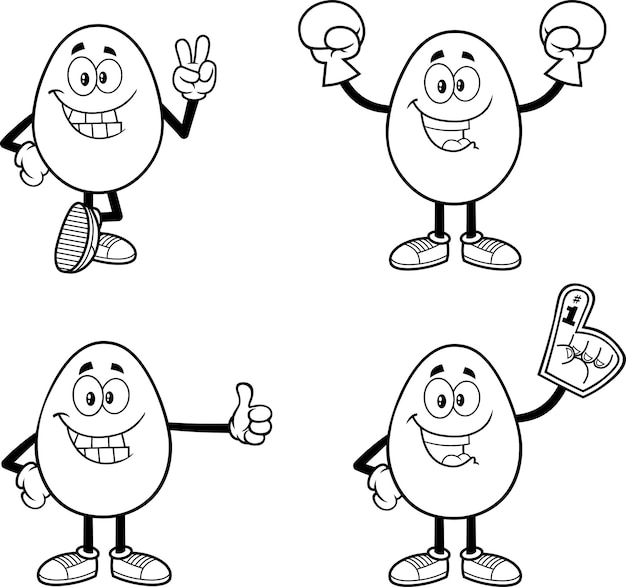 Contorneado personaje de mascota de dibujos animados de huevo de Pascua en diferentes poses. Conjunto de colección de vectores dibujados a mano