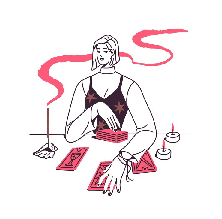 Vector contorno adivino con velas hace lectura de tarot adivino hace adivinación del destino con baraja de cartas mágicas mujer hace predicción del futuro ilustración vectorial aislada a mano plana en blanco