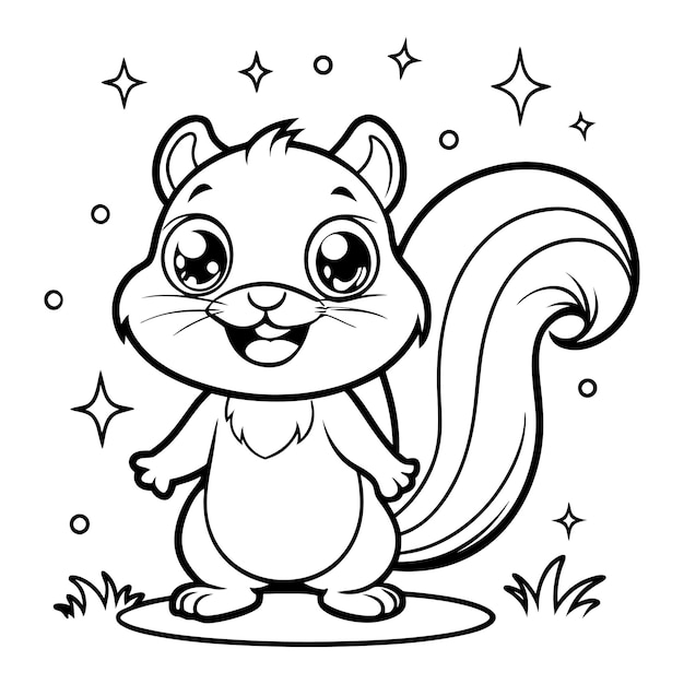 Contorno de animal dibujando una caricatura de una ardilla con una gran sonrisa en su cara página de colorear para niños