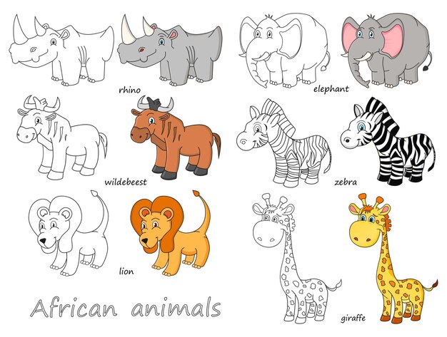 Contorno de animales africanos de dibujos animados e ilustración de vector de color
