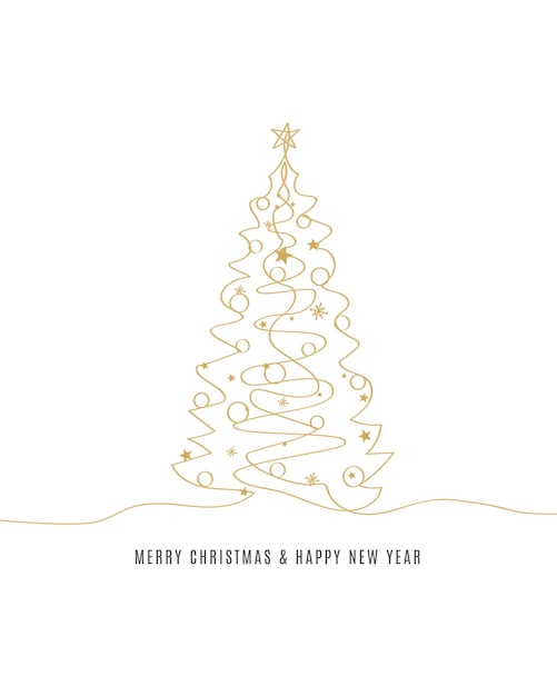 Contorno de árbol de Navidad feliz tarjeta de saludo de texto diseño de ilustración vectorial aislado fondo