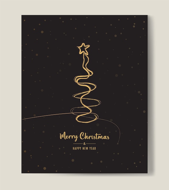 Contorno de árbol de Navidad feliz tarjeta de saludo de texto de oro diseño de ilustración vectorial de fondo