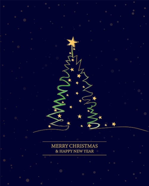 Contorno de árbol de Navidad feliz tarjeta de saludo de texto de oro diseño de ilustración vectorial de fondo