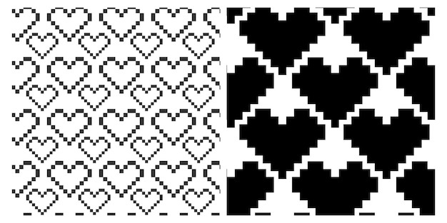 Contorno de arte de píxeles y corazones llenos patrones sin costuras concepto de fondo de saludo de día negro conjunto 2