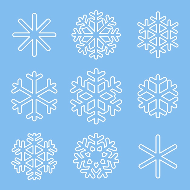 Vector contorno blanco de copos de nieve aislado sobre fondo azul. copos de nieve tradicionales y estándar.