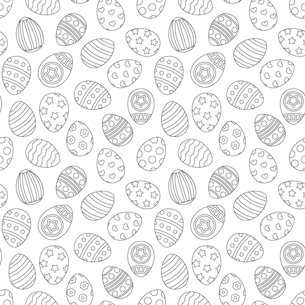 Contorno en blanco y negro Huevos de Pascua en patrón sin costuras Estilo de arte de línea Fondo vectorial