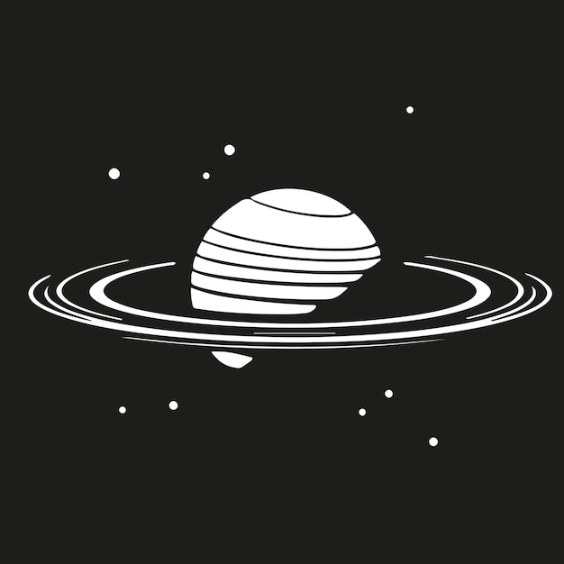 Un contorno blanco de un planeta con un anillo y estrellas en un fondo negro Un diseño para litografía